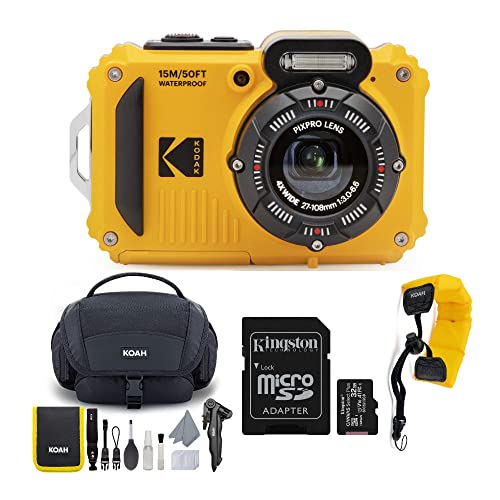 Kodak PIXPRO WPZ2 Rugged Waterproof 16MP Digital Camera with 4X Optical Zoom with Koah Nostrand Gadget Bag with Accessory Kit, 32GB microSD, and Floating Strap Bundle (4 Items)