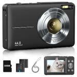 Lecran Digital Camera, FHD 1080P Kids Camera with 32GB Card, 2 Batteries, Lanyard, 16X Zoom Anti Shake, 44MP Compact Portable Small Point Shoot Camera for Kids Student Children Teens Girl Boy(Black)